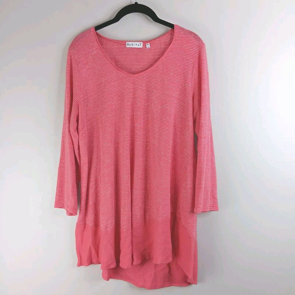 Habitat Women's Top Linen Blend Striped Pink White Tunic Lagenlook Size Medium